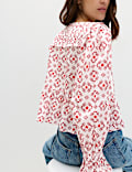 Cotton Rich Tie Neck Puff Sleeve Blouse