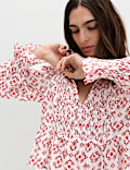 Cotton Rich Tie Neck Puff Sleeve Blouse