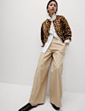 Denim Leopard Print Collarless Jacket
