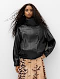 Faux Leather Funnel Neck Bomber Jacket