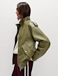 Faux Leather Textured Longline Bomber Jacket