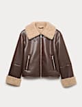 Faux Shearling Buckle Detail Aviator Jacket
