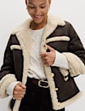 Faux Shearling Suedette Collared Button Aviator Jacket