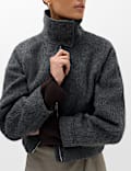 Wool Blend Faux Fur Trim Bomber Jacket