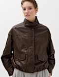 Veste d&rsquo;aviateur en simili cuir carreaux et &agrave; col chemin&eacute;e