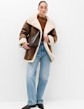 Suedette Shearling Funnel Neck Coat