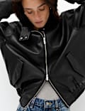 Faux Leather Funnel Neck Bomber Jacket