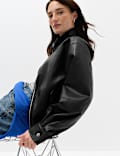 Faux Leather Funnel Neck Bomber Jacket