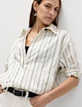 Pure Cotton Striped Zip Through Shirt Jacket