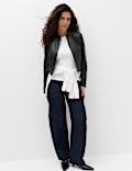 Faux Leather Funnel Neck Cropped Moto Jacket