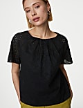 Pure Cotton Broderie Round Neck Blouse