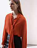 Silk Blend Tie Neck Button Through Blouse