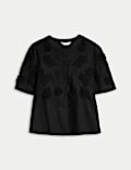 Zuiver katoenen blouse met ronde hals, korte mouwen en borduursel
