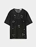 Organza Floral Embellished Round Neck Top