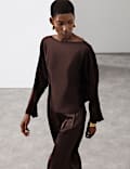 Satin Draped Slash Neck Blouse