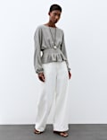 Textured Pleat Detail Blouson Sleeve Blouse