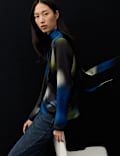Satin Printed High Neck Tie Detail Blouse
