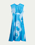 Cupro Rich Printed Round Neck Midaxi Waisted Dress
