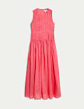 Pure Ramie Round Neck Pintuck Midi Shirred Dress