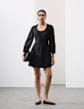 Scoop Neck Mini Waisted Dress With Wool