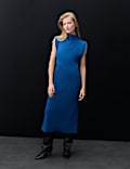 Satin Crepe High Cowl Neck Midi Column Dress