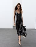 Sequin V Neck Frill Detail Midi Slip Dress