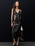 Sequin V Neck Frill Detail Midi Slip Dress
