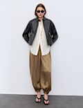 Leather Collarless Cropped Biker Jacket