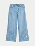 Jean taille haute coupe large en denim avec ornements
