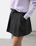 Wool Blend Belted Pleated Mini Skirt
