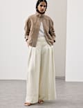 Linen Blend Pleat Front Wide Leg Trousers