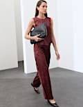 Satin Textured High Waisted Wide Leg Trousers