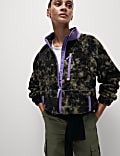 Borg Zip Up Printed Funnel Neck Fleece Jacket