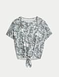 Cotton Blend Printed Tie Front Crop T-Shirt