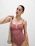 Maillot de bain côtelé à décolleté en V, effet ventre plat 360