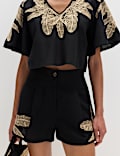 Short de plage en coton brod&eacute; palmier