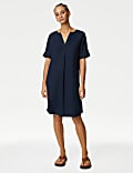 Linen Rich V-Neck Knee Length Shift Dress