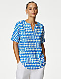 Zuiver linnen popover-blouse met V-hals en print