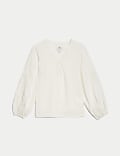 Linen Blend Embroidered V-Neck Blouse