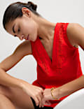 Linen Rich V-Neck Lace Insert Top