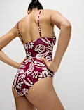 Tummy Control Palm Print Plunge Swimsuit