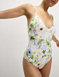 Tummy Control Palm Print Plunge Swimsuit