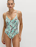 Printed Trim Detail V-Neck Plunge Swimsuit
