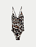 Printed Trim Detail V-Neck Plunge Swimsuit