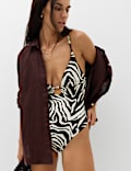 Animal Print Trim Detail Plunge Swimsuit