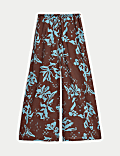Pure Cotton Floral Elasticated Waist Wide Leg Trousers