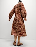 Pure Cotton Printed Tie Neck Puff Sleeve Midaxi Kaftan Dress