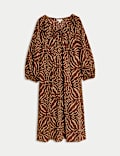 Pure Cotton Printed Tie Neck Puff Sleeve Midaxi Kaftan Dress