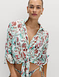 Printed Collared Tie Front Beach Shirt