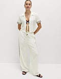 Linen Rich Beaded Tie Front Shirt